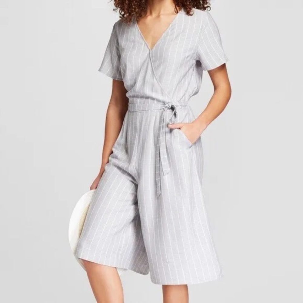A New Day Gray Windowpane Plaid Wide Leg Cropped Jumpsuit Sz XXL